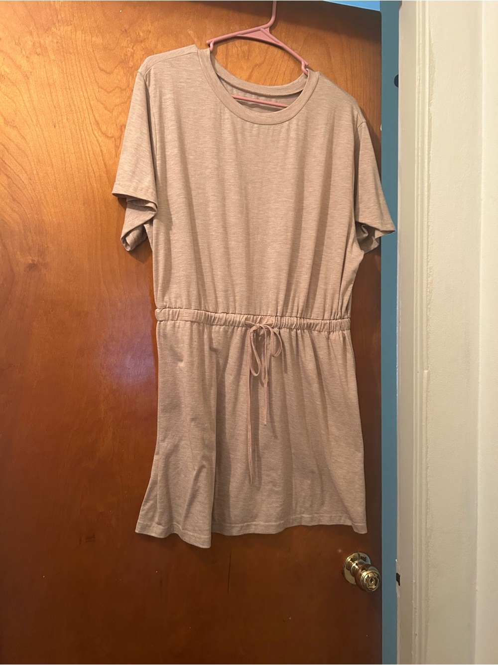 Classic Elastic-Waist Short Sleeve Tshirt Dress - Neutral Beige